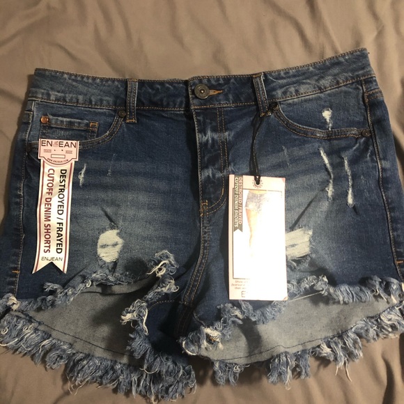 DESTROYED/FRAYED CUTOFF DENIM SHORTS - Picture 1 of 6